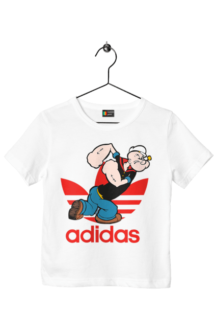 Футболка детская с принтом Adidas Моряк Попай. Adidas, popeye the sailor, адидас, комикс, моряк, мультфильм, сериал, трубка. 2070702