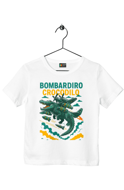 Футболка дитяча з принтом "Bombardino Crocodilo". Bombardino, bombardino crocodilo, crocodilo, бомбардіно крокоділо, крокодил, крокодил літак, крокодил мем, мем, мем бомбардине крокодило. 2070702