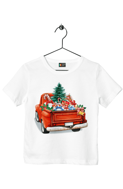 Футболка дитяча з принтом "Авто з подарунками". Автомобіль, новий рік, подарунки, різдво, санта, ялинка. 2070702