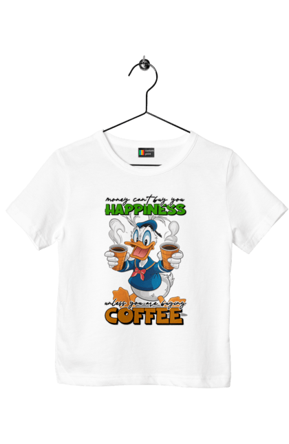 Children's t-shirt with prints Donald Duck Coffee. Animated series, cartoon, coffee, cup, disney, donald duck. 2070702