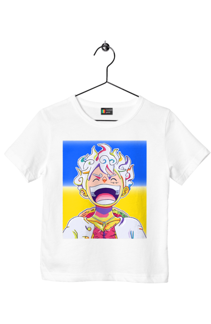 Футболка детская с принтом Монки д Луффи смеется на желтом синем фоне.. Ван пис, луффи, монки д. луффи, символ украины, украина, флаг украины. 2070702