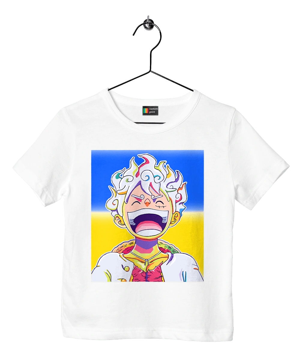 Monkey D Luffy laughing on a yellow blue background