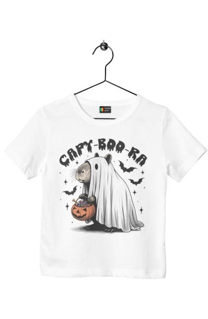 Футболка детская с принтом Капибара Хэллоуин. Capybara, halloween, водосвинка, грызун, животное, капибара, праздник, привидение, тыква, хэллоуин. 2070702