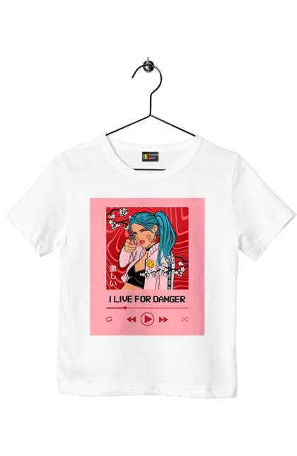 Футболка дитяча з принтом "I Live For Danger". Аніме, музика, пістолет, програвач. 2070702
