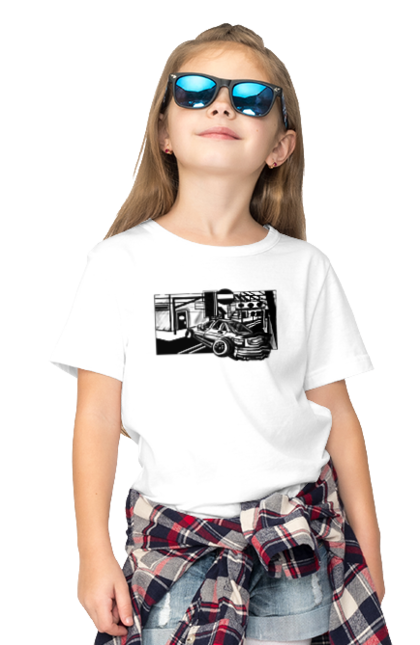 Футболка дитяча з принтом "Небезпечний Автомобіль на дорогах вулиць". Автомобіль, гонки, машина, небезпечний, чорно білий, швидкий. 2070702