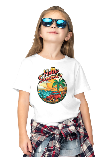 Children's t-shirt with prints Hello Summer, Car By The Sea. Beach, island, palm, summer. 2070702