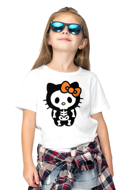 Футболка детская с принтом Хелло Китти Хэллоуин. Halloween, hello kitty, zombie, бренд, зомби, котенок, персонаж, скелет, хелло китти, хэллоуин. 2070702