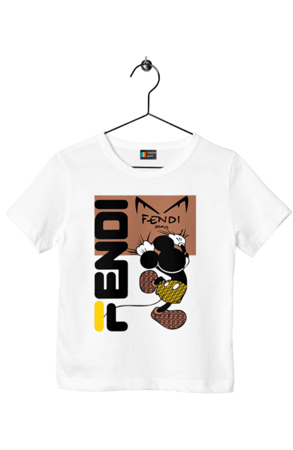 Футболка дитяча з принтом "Fendi Міккі Маус". Fendi, mickey mouse, бренд, будинок моди, італія, люкс, міккі маус, мода, сумка, фенді. 2070702