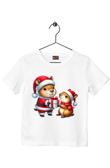 Children's t-shirt with prints Christmas Capybara with a Gift. Animal, capybara, christmas, christmas capybara, gift, holiday, new year, new year`s gift, santa. 2070702