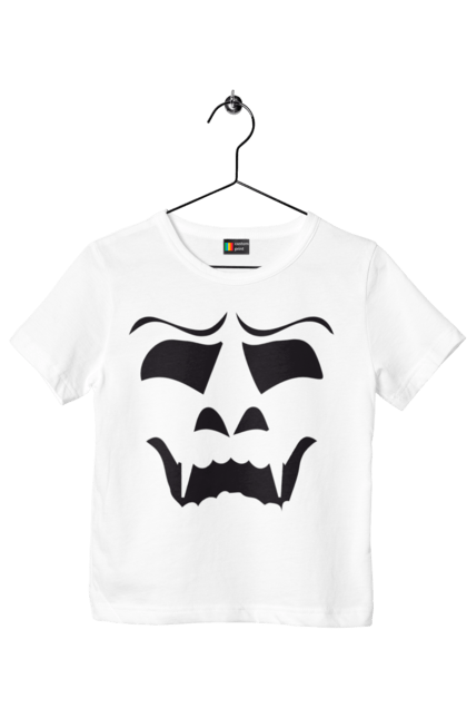 Children's t-shirt with prints Halloween pumpkin face. Costume, halloween, holiday, october, october 31, pumpkin, scary, sweets, trick or treat. 2070702