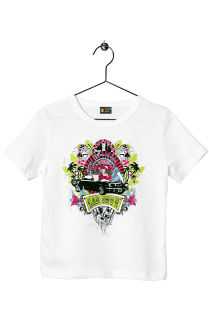 Футболка дитяча з принтом "Автомобільне Шоу, Літо". Автомобіль, гроші, карти, пальма, шоу. 2070702