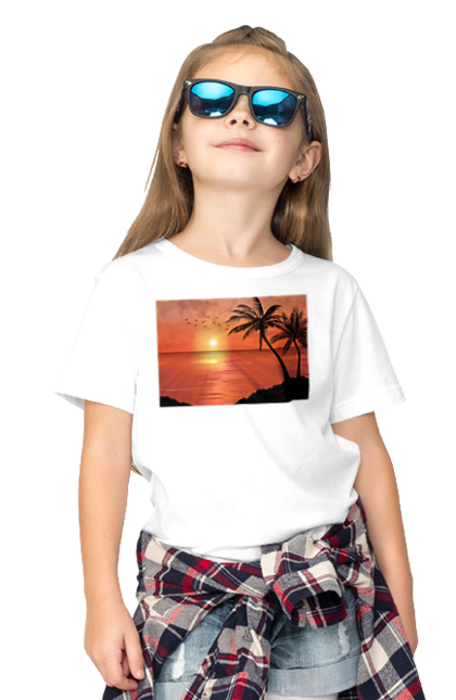 Футболка дитяча з принтом "Захід Пальми Море". Берег, захід, море, пальми. 2070702