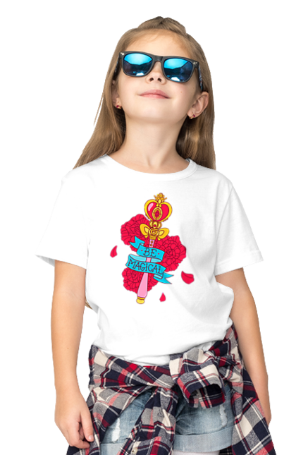 Children's t-shirt with prints Be Magical. Anime, charm, flowers, magic, rose flower, sailor moon, tv series, wand. 2070702