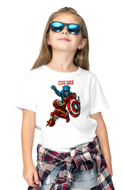 Children's t-shirt with prints Iron Man vs Captain America. Avengers, captain america, civil war, comic, comics, film, iron man, marvel, marvel comics, tony stark. 2070702