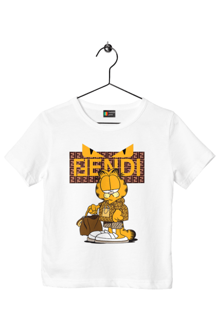 Футболка дитяча з принтом "Fendi Гарфілд". Fendi, garfield, бренд, будинок моди, гарфілд, італія, люкс, мода, сумка, фенді. 2070702