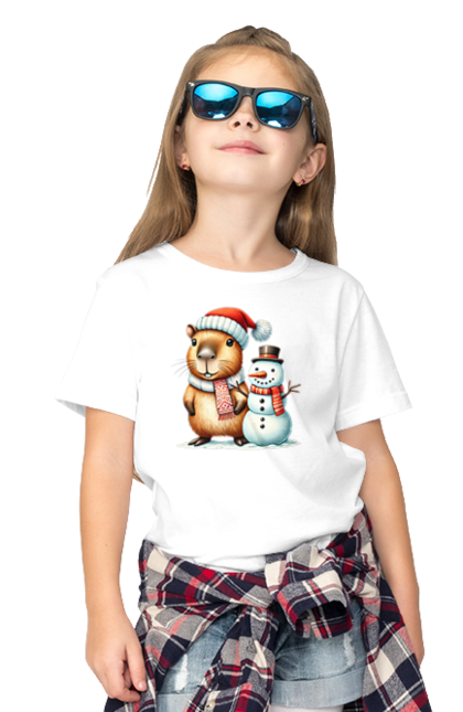 Children's t-shirt with prints Capybara and Snowman. Animal, capybara, christmas, christmas capybara, gift, holiday, new year, new year`s gift, santa, snowman. 2070702