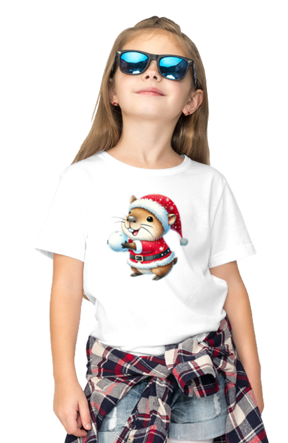 Children's t-shirt with prints Capybara playing snowballs. Animal, capybara, christmas, christmas capybara, game, gift, holiday, new year, santa, snowballs. 2070702