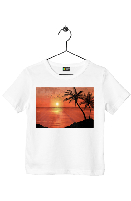Футболка дитяча з принтом "Захід Пальми Море". Берег, захід, море, пальми. 2070702