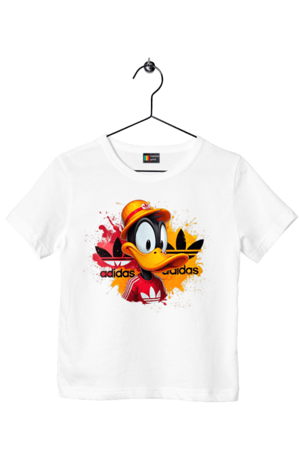 Футболка детская с принтом Даффи Дак Adidas. Adidas, daffy duck, looney tunes, merrie melodies, warner brothers, даффи дак, мультфильм, персонаж, утка даффи. 2070702