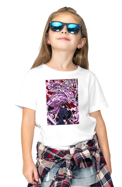 Children's t-shirt with prints Jujutsu Kaisen Megumi. Anime, dark fantasy, fushiguro, fushiguro megumi, jujutsu kaisen, magic battle, manga, megumi, mystic. 2070702