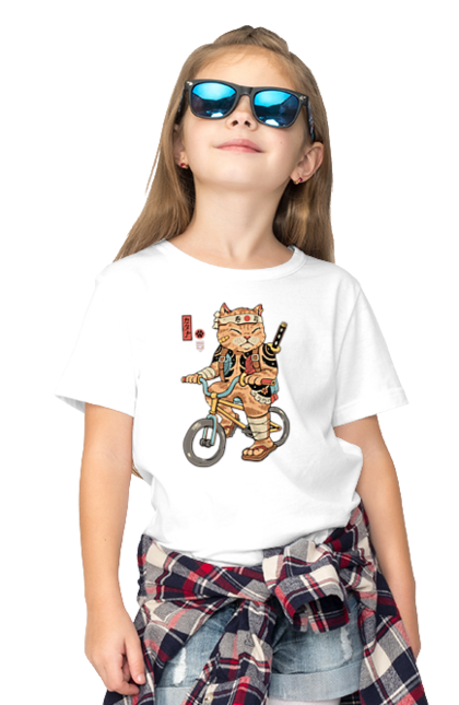 Футболка дитяча з принтом "Кіт на велосипеді". Велосипед, кинжал, китайський кіт, кіт, самурай, шабля, японський кіт. CustomPrint.market