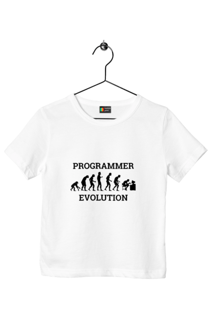 Футболка дитяча з принтом "Еволюція програміста". Angular, c, css, html, it, javascript, jquery, php, python, react, svelt, vue, айтишник, айті, гумор, код, кодувати, прогер, програміст, програмісти, ти ж, ти ж програміст, тиж програміст. 2070702