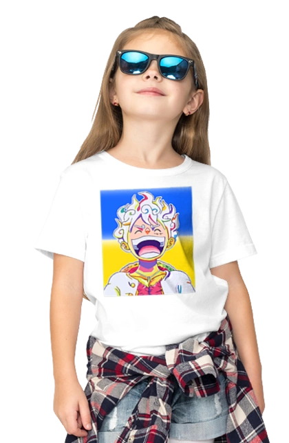 Monkey D Luffy laughing on a yellow blue background