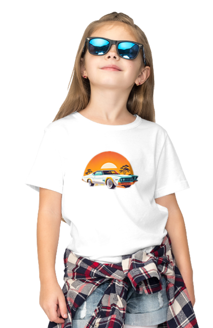 Футболка дитяча з принтом "Гарне авто на закаті". Авто, закат, солнце. 2070702