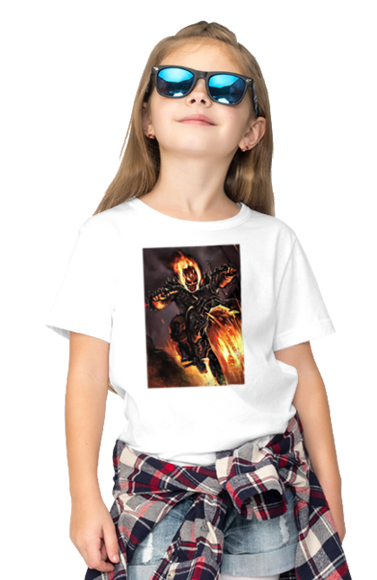 Футболка дитяча з принтом "Пекельний Гонщик". Вогонь, мотоцикл, пекельний гонщик, скелет, чоппер. 2070702
