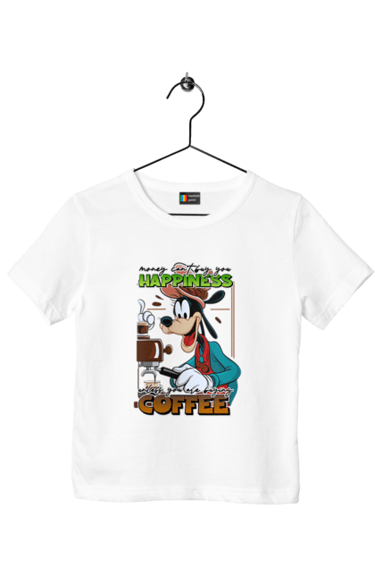 Children's t-shirt with prints Goofy Coffee. Animated series, cartoon, coffee, cup, disney, dog, goofy. 2070702