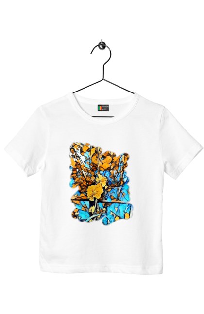 Футболка дитяча з принтом "Жовті квіти на синьому фоні". Арт, жовтий та синій, жовті квіти, жовто-синій, квіти, малюнок, природа, синій та жовтий, синьо-жовтий. 2070702