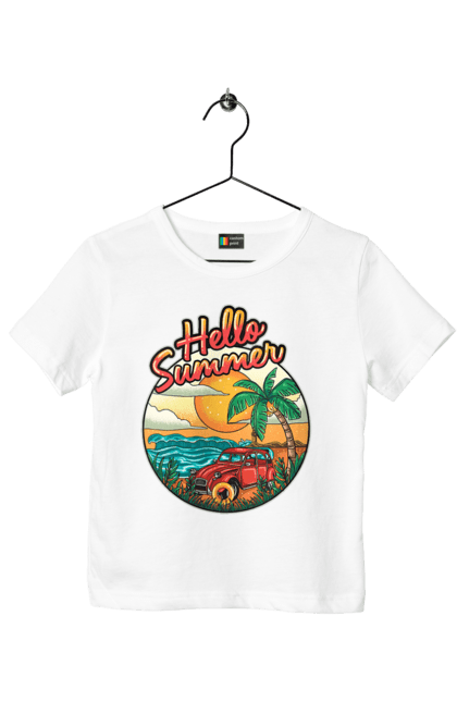 Children's t-shirt with prints Hello Summer, Car By The Sea. Beach, island, palm, summer. 2070702