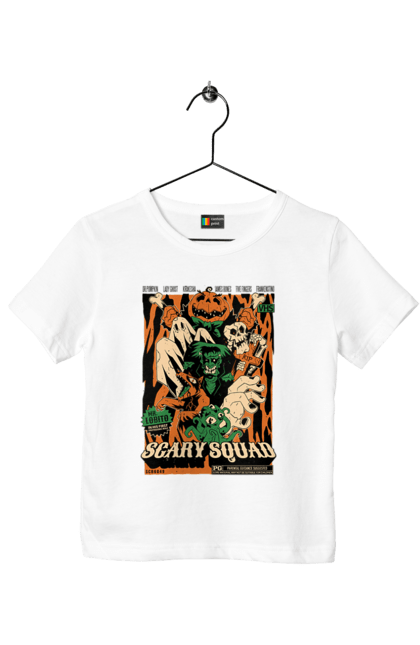 Children's t-shirt with prints Halloween Scary Squad. Costume, ghost, halloween, holiday, october, october 31, pumpkin, skeleton, sweets, trick or treat. 2070702