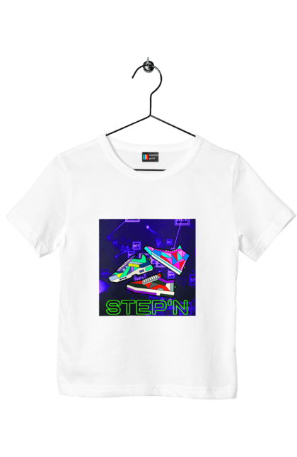 Футболка дитяча з принтом "Step`n". Віртуальні кросівки, крипта, криптовалюти, нфт, нфт кросівки, солана, степен. 2070702