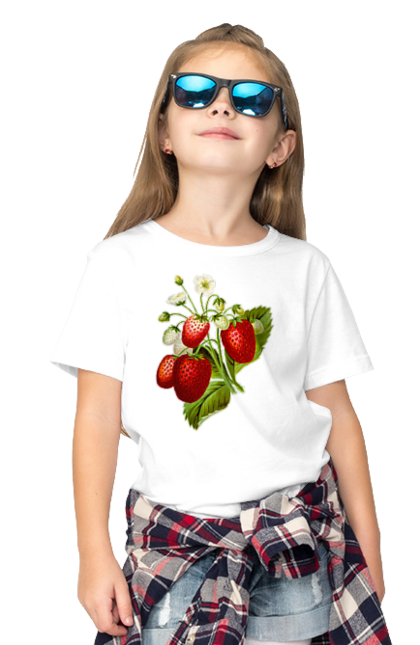Футболка дитяча з принтом "Полуниця". Букет, делікатес, зріла, їжа, квіти, листя, літо, полуниця, полуничка, смачно, стигла, урожай, червона, ягода, ягоди. CustomPrint.market