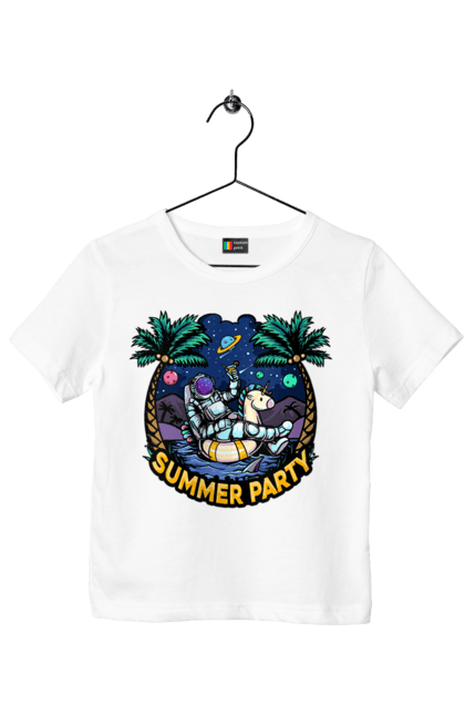 Футболка дитяча з принтом "Літній Паті З Космонавтом". Космонавт, космос, літо. 2070702