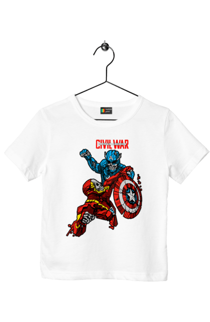 Children's t-shirt with prints Iron Man vs Captain America. Avengers, captain america, civil war, comic, comics, film, iron man, marvel, marvel comics, tony stark. 2070702