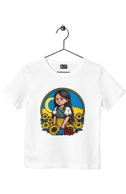 Футболка дитяча з принтом "Мила Українська дівчинка". Блакитний, жовтий, жовто-блакитний, зроблено в україні, патріот, патріоти україни, підтримую україну, прапор україни, україна, українська дівчинка. 2070702