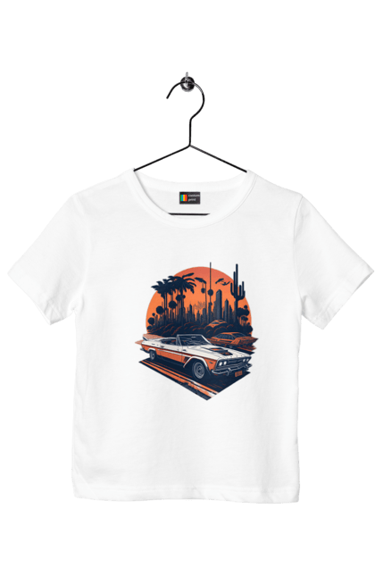 Футболка дитяча з принтом "Гарне авто на закаті". Авто, закат, захід сонця, солнце, сонце. 2070702