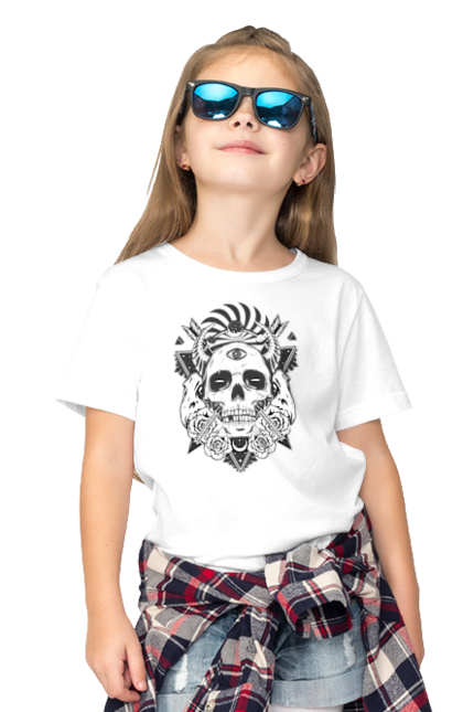 Children's t-shirt with prints Skull with an eye. Arrow, bones, eye, horns, roses, scull, stars, teeth, triangle. 2070702