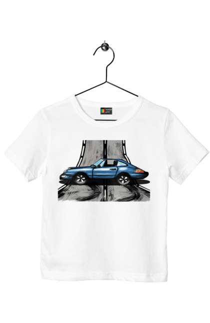 Футболка дитяча з принтом "Спортивний Автомобіль На Дорозі". Автомобіль, гонки, синій, спортиного, швидкий, швидкісний. 2070702