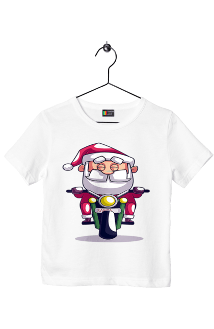 Футболка дитяча з принтом "Щасливий Санта на мотоциклі". 2022, дід мороз, зима, мотоцикл, новий рік, різдво, санта, сніг. CustomPrint.market