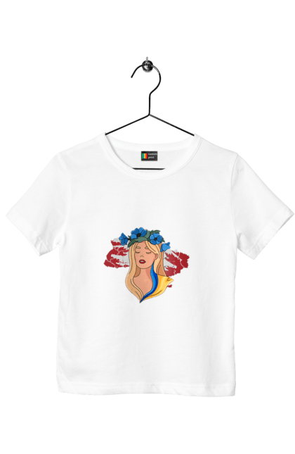 Children's t-shirt with prints Girl on the map of Ukraine. Blue, flag, flowers, girl, girl on the map, map of ukraine, red, ukraine, yellow. 2070702