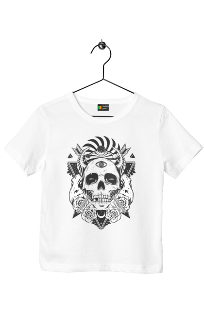 Children's t-shirt with prints Skull with an eye. Arrow, bones, eye, horns, roses, scull, stars, teeth, triangle. 2070702