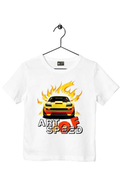 Футболка дитяча з принтом "Машина у вогні". Автомобіль, вогонь, спортивна машина, спортивний автомобіль, швидкість. 2070702
