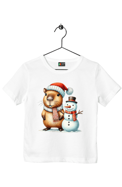 Children's t-shirt with prints Capybara and Snowman. Animal, capybara, christmas, christmas capybara, gift, holiday, new year, new year`s gift, santa, snowman. 2070702