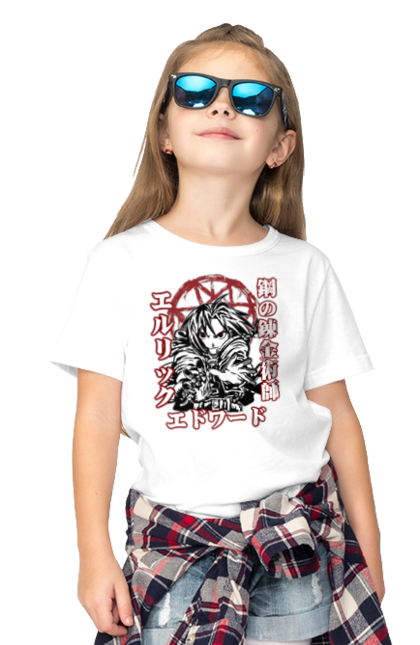 Children's t-shirt with prints Fullmetal Alchemist Edward Elric. Adventures, anime, comedy, edward, edward elric, elric, fullmetal alchemist, manga, steampunk. 2070702