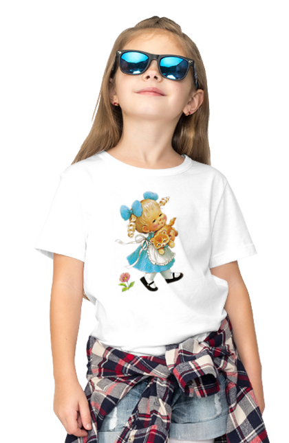 Children's t-shirt with prints The girl carries home a red cat. Cat, flower, girl, red cat. CustomPrint.market