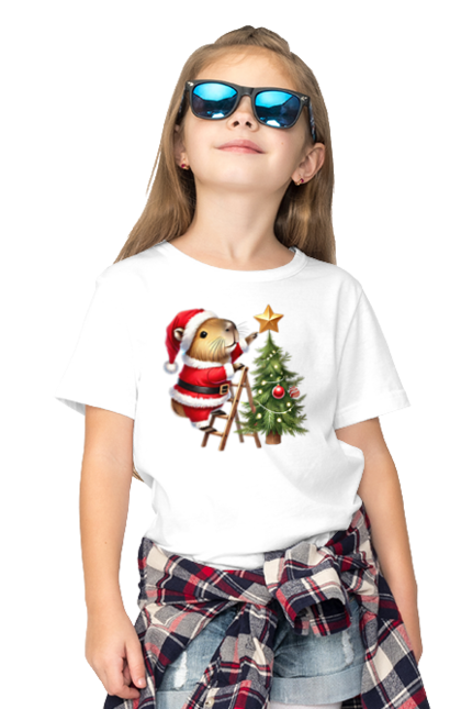 Children's t-shirt with prints Christmas Capybara with a Tree. Animal, capybara, christmas, christmas capybara, christmas tree, gift, holiday, new year, new year`s gift, santa. 2070702