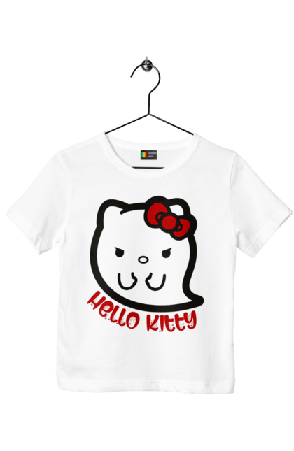 Футболка детская с принтом Хелло Китти Хэллоуин. Ghost, halloween, hello kitty, бренд, кот, котенок, персонаж, привидение, хелло китти, хэллоуин. 2070702